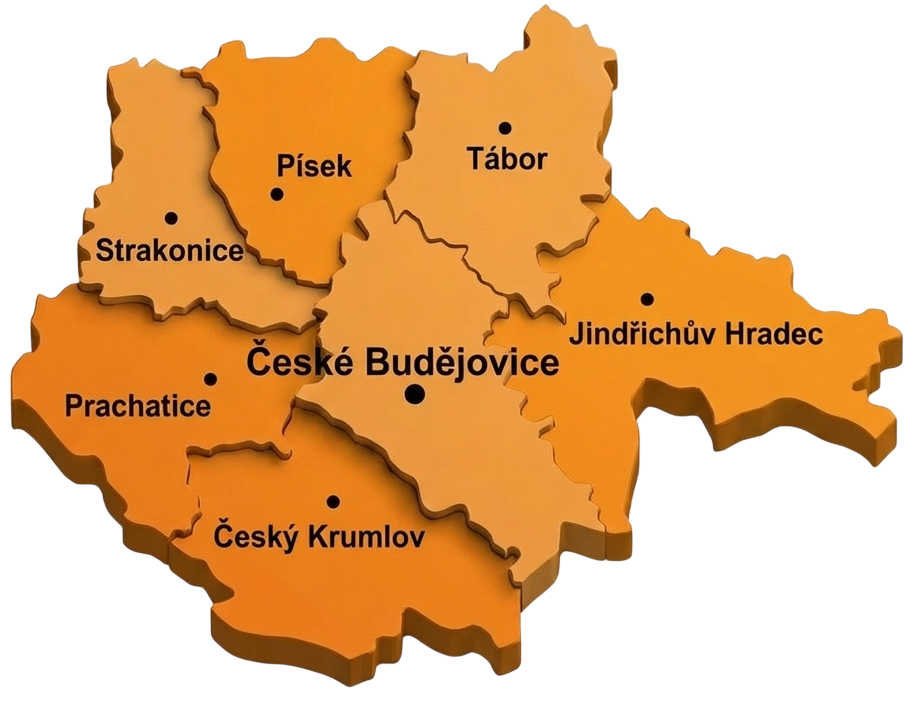 Mapa oblasti působení — České Budějovice a okolí 50 km